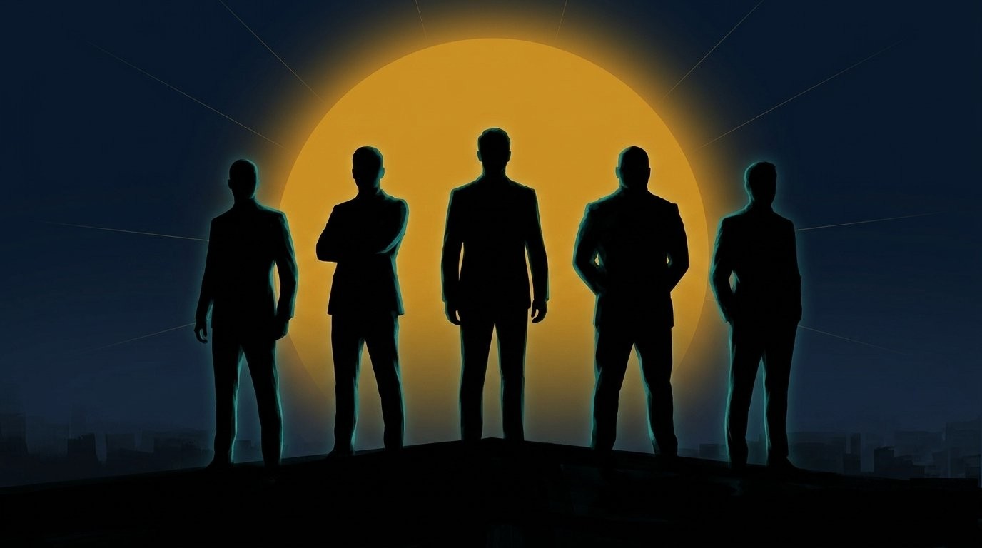 Five anonymous silhouettes against the sun