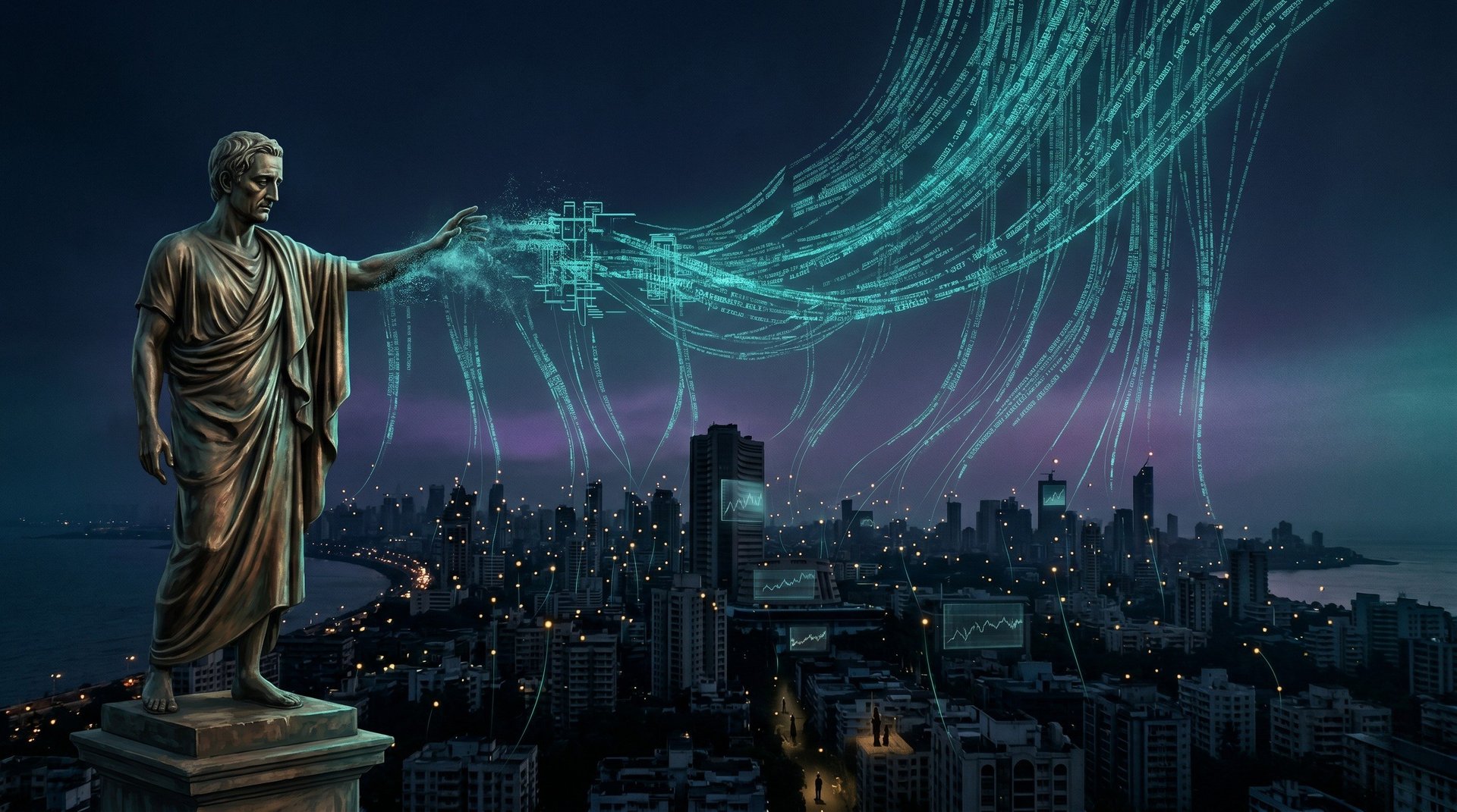 Adam Smith statue dissolving into data streams over Mumbai cityscape
