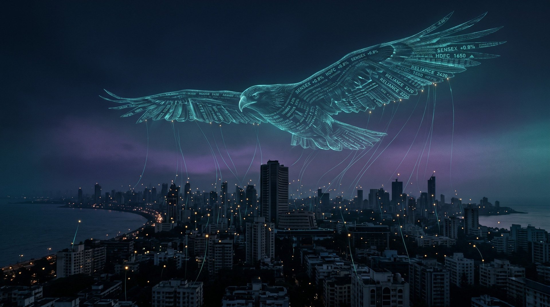 The Watching Predator — algorithmic surveillance silhouetted over Mumbai's financial district, constructed of streaming ticker data