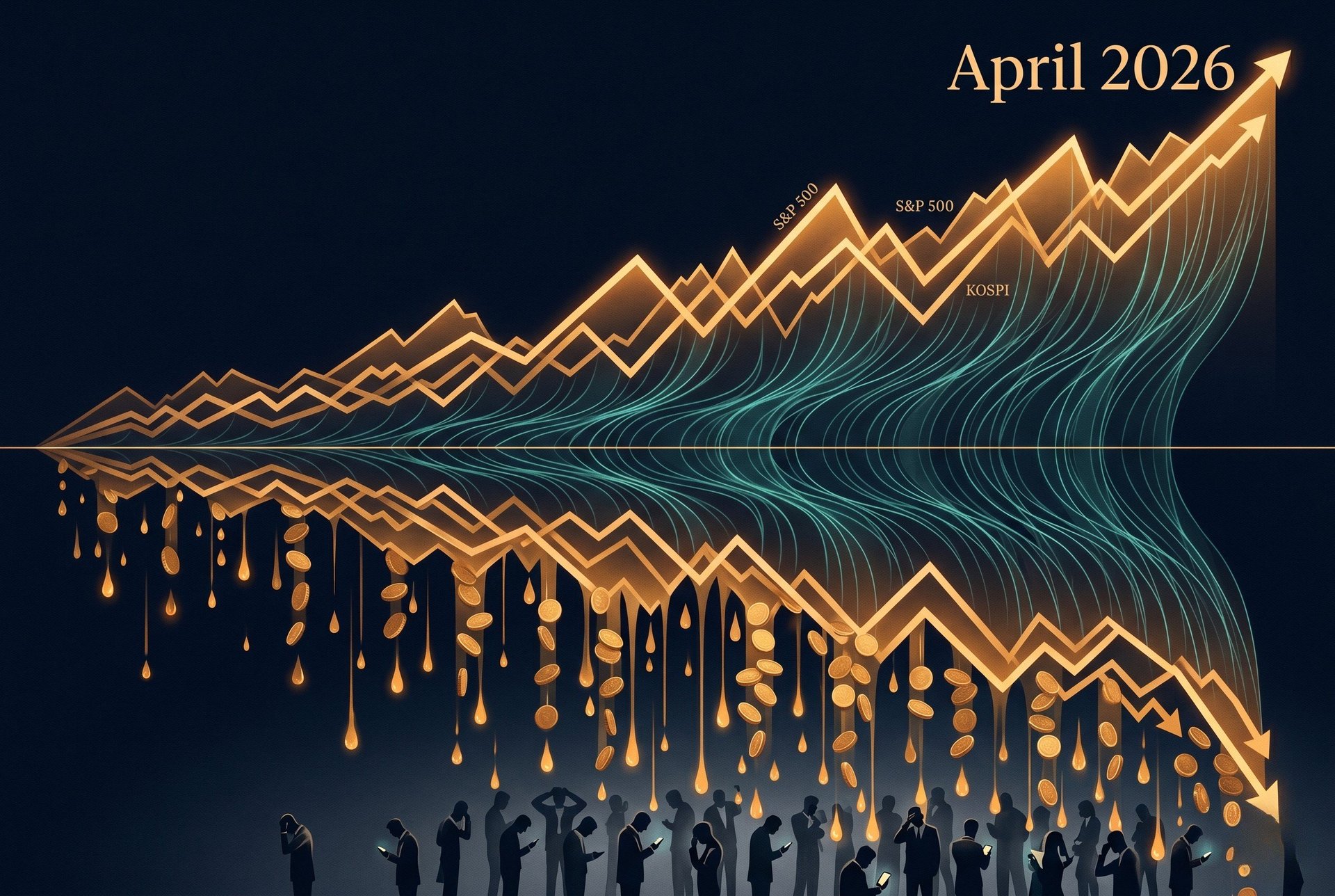 Two markets, one truth — April 2026 stock charts ascending while wealth drains downward