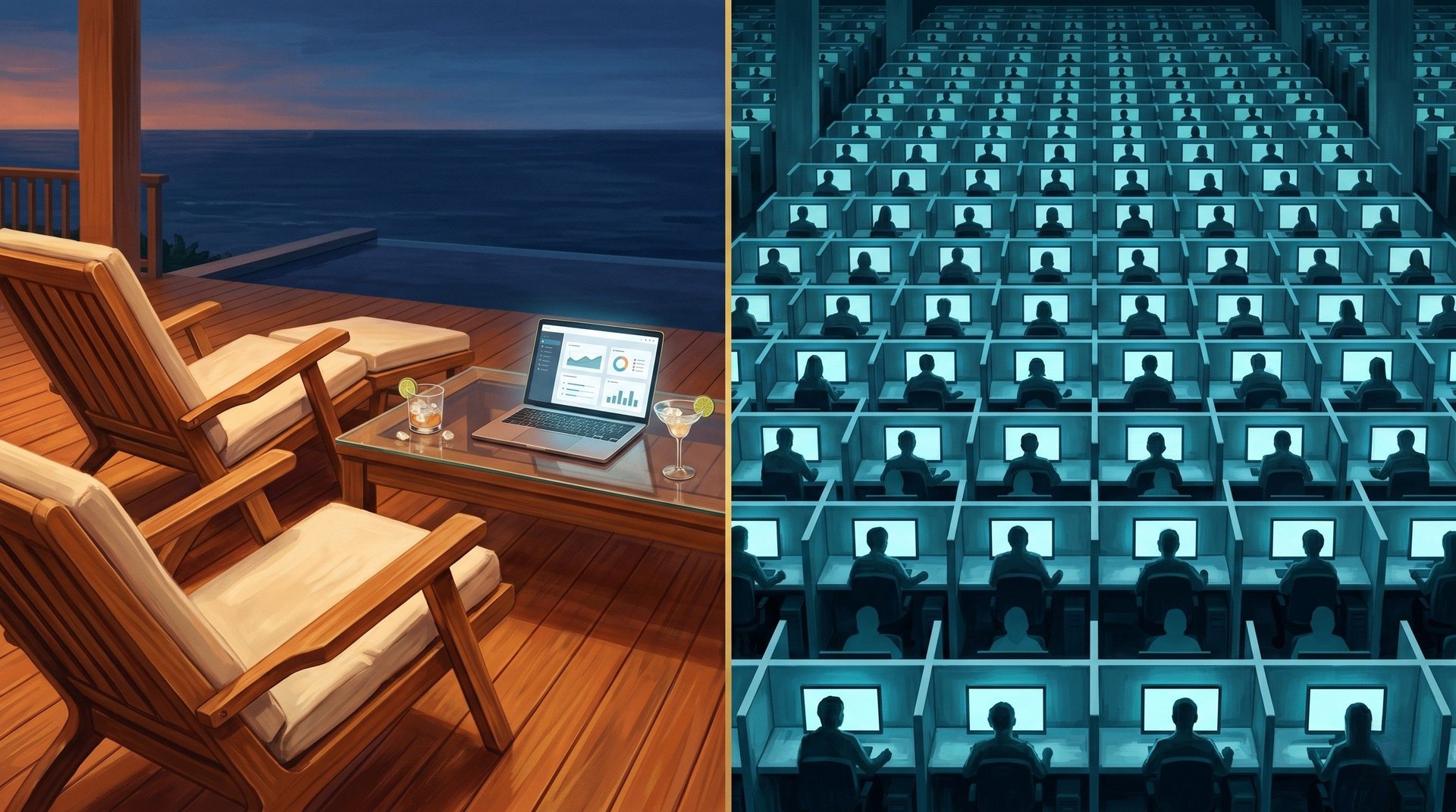 Diptych: an empty Bali villa terrace at twilight on the left, dense Chinese workstations in cold blue light on the right